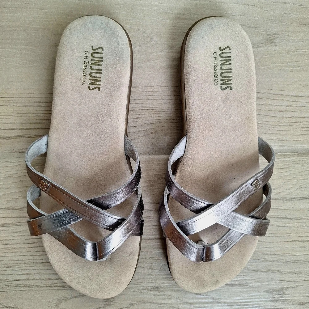 GH Bass Co Sunjuns Sharon Silver Leather Strappy Flat Sandals Thong Size 6.5 - Picture 4 of 8